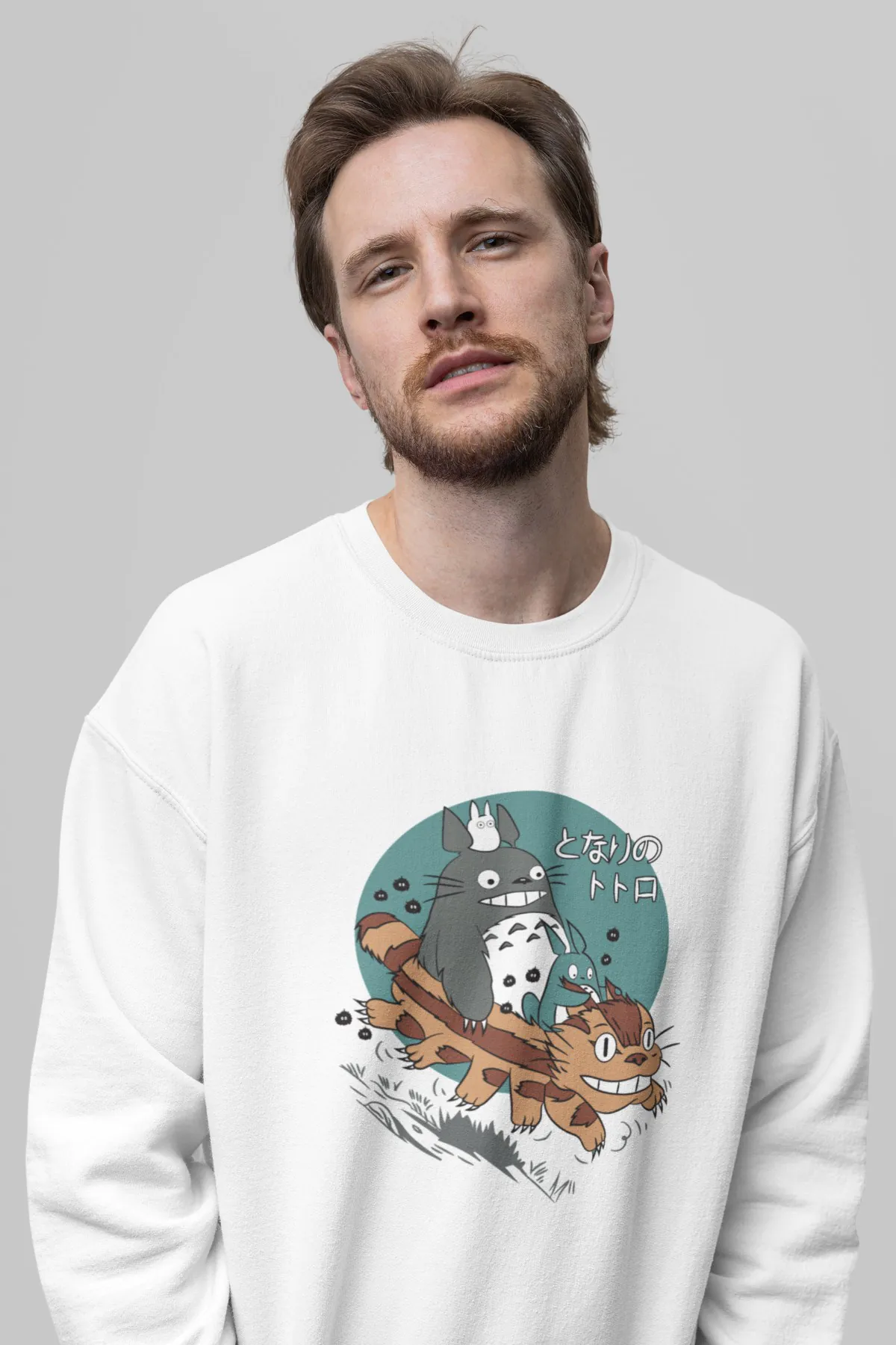 Close-up view of My Neighbor Totoro sweatshirt design in white color
