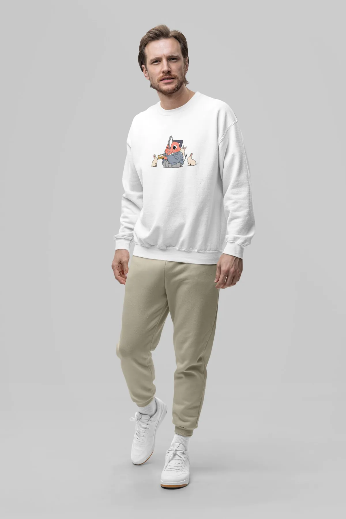 Man wearing Pochita Chainsawman white sweatshirt