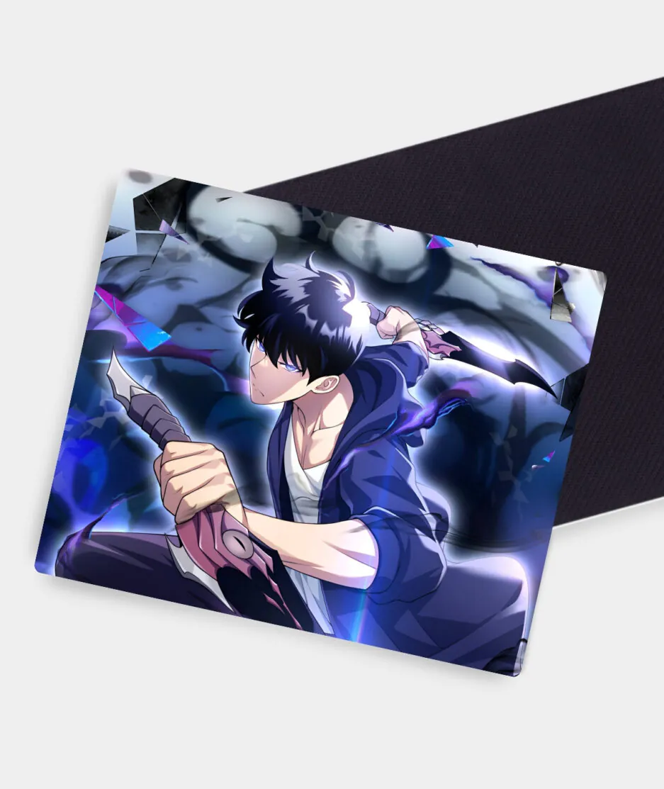 Front and back of Sung Jin-Woo Shadow Monarch Solo Leveling Square Mousepad with skid-proof rubber base and smooth surface